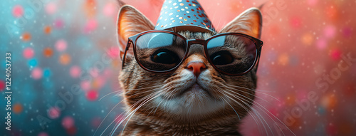A series of playful tabby cats wearing colorful party hats and sunglasses, celebrating in a fun and festive setting. Perfect for humor, greeting cards, and pet-related content.