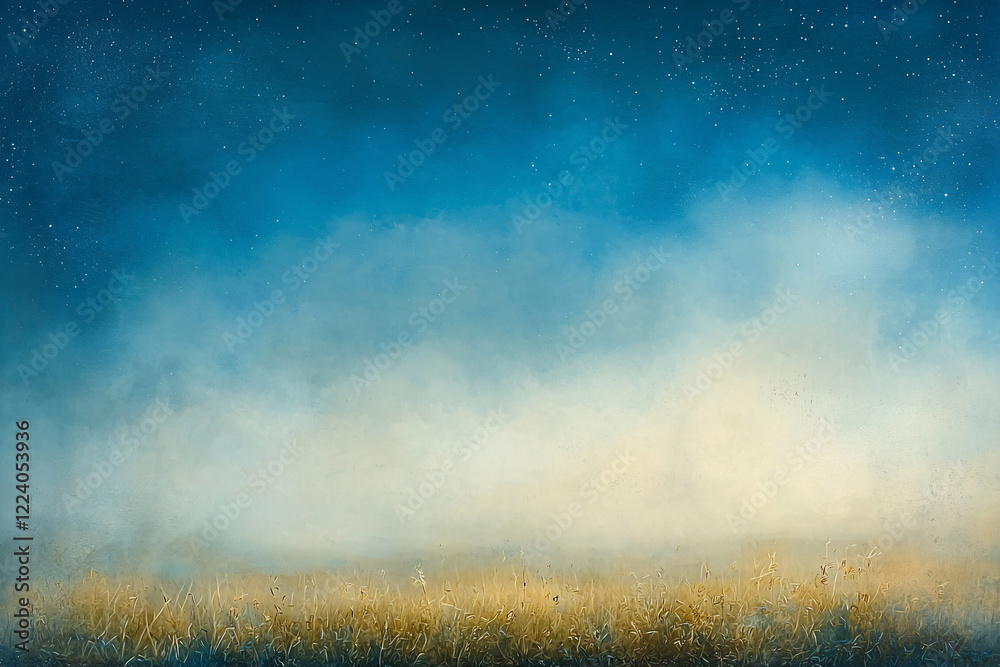 Fototapeta premium Serene landscape at dawn with mist over golden grass and a starry blue sky in the background