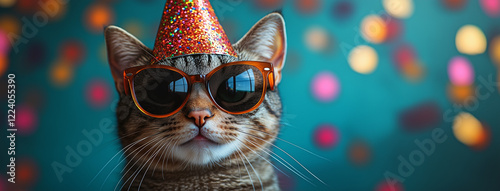 A series of playful tabby cats wearing colorful party hats and sunglasses, celebrating in a fun and festive setting. Perfect for humor, greeting cards, and pet-related content.
