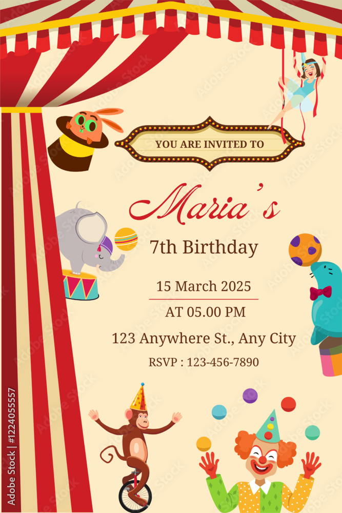 Naklejka premium Birthday party invitation template with cute circus animals vector illustration. Birthday girl invitation card design.