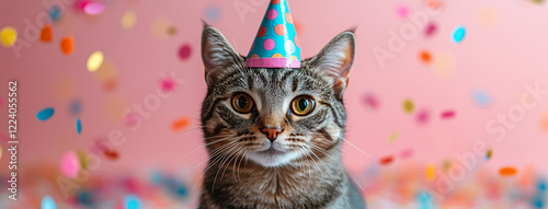 A series of playful tabby cats wearing colorful party hats and sunglasses, celebrating in a fun and festive setting. Perfect for humor, greeting cards, and pet-related content.