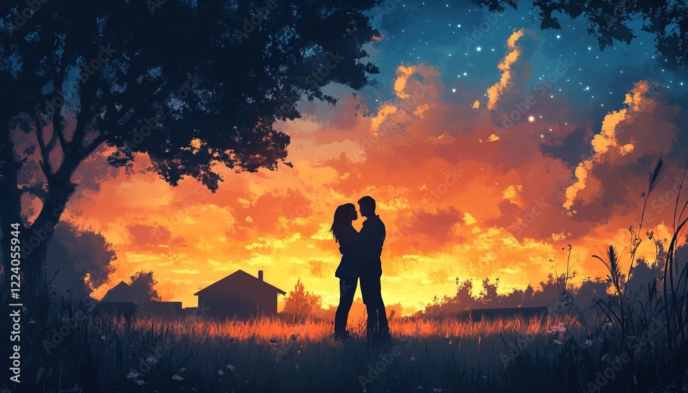 Fototapeta premium Couple embracing sunset, rural scene, starry night, romance