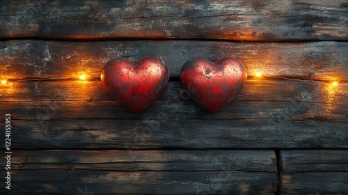 Romantic banner with two red hearts on rustic wooden table, soft ambient lights for valentine's day and love-themed designs photo