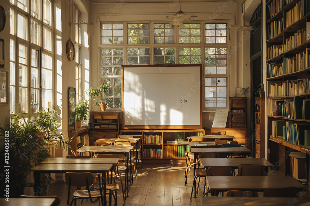 Obraz premium Sunlit classroom with empty desks, a whiteboard, and bookshelves, creating a serene learning atmosphere