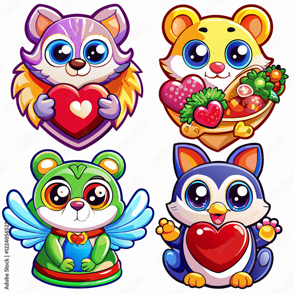 Fototapeta premium Cute cartoon animals holding hearts & gifts.