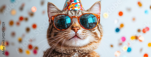 A series of playful tabby cats wearing colorful party hats and sunglasses, celebrating in a fun and festive setting. Perfect for humor, greeting cards, and pet-related content.