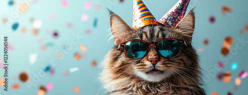 A series of playful tabby cats wearing colorful party hats and sunglasses, celebrating in a fun and festive setting. Perfect for humor, greeting cards, and pet-related content.