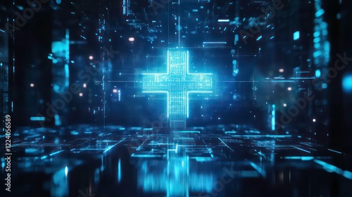 Wallpaper Mural Blue digital healthcare cross emerging from futuristic technological background Torontodigital.ca