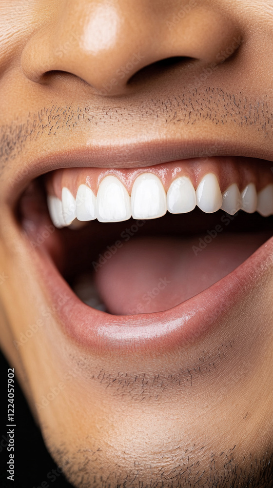 Obraz premium Close-up of a smiling mouth displaying bright white teeth and a light beard.