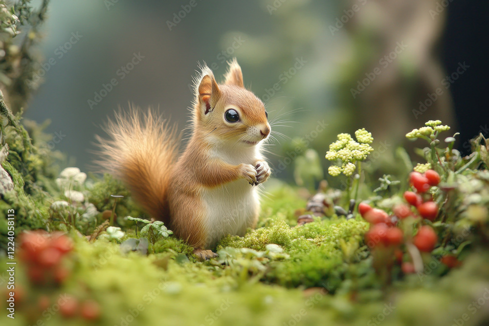 Small squirrel on moss ground, nibbling acorn.