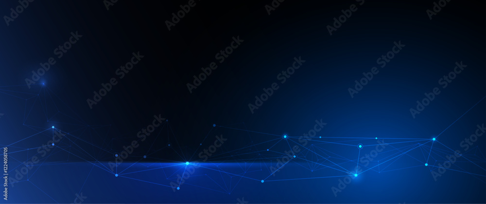 Fototapeta premium Vector molecule. Abstract internet network connection design for web site. Digital data, network communication, connected line with dot on blue background. Science and technology futuristic concept