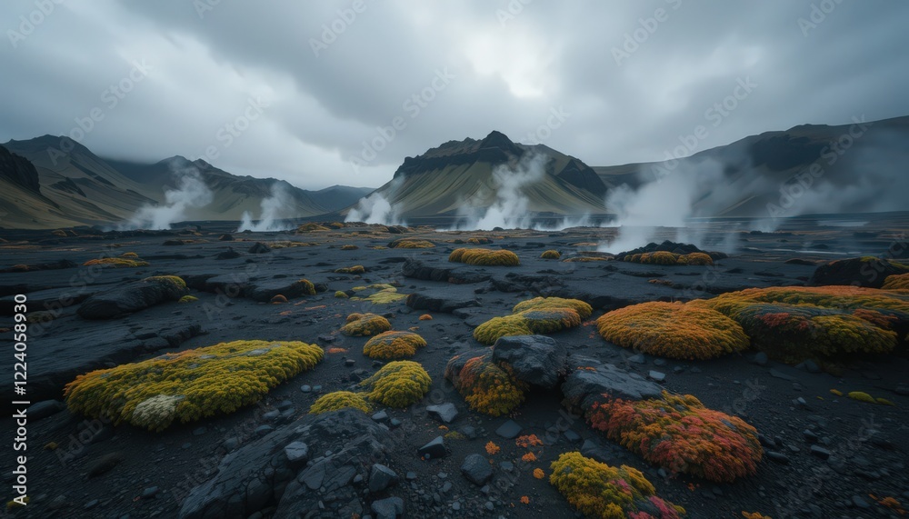 Fototapeta premium Volcanic landscape with vibrant plant life and steam rising.