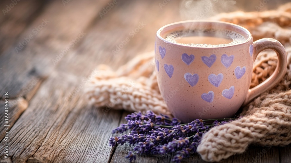 Cozy wooden table with hot drink, lavender, and knitted wrap Cozy wooden table with hot drink, lavender, and knitted wrap