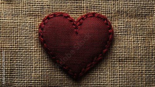 A red heart with detailed stitching, symbolizing handmade love, placed on rustic burlap fabric.