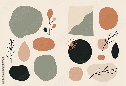 有機的な抽象形、ミュートトーン、ベージュ、グレー、淡いセージ、チャコール、テラコッタ、ミニマリストアート、日本のスカンジナビア、穏やか、モダン、テクスチャ。
