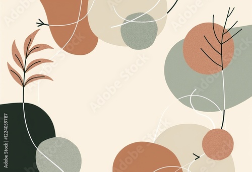 ミニマリスト抽象アート、ソフトトーン、ベージュ、グレー、セージ、チャコール、テラコッタ、有機的な形、日本のスカンジナビア、穏やか、モダン、テクスチャ、非対称。
