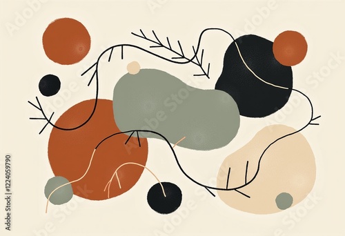 抽象アート、ソフトなミュートトーン、ベージュ、グレー、淡いセージ、チャコール、テラコッタ、有機的な形、ミニマリスト、日本のスカンジナビア、穏やか、モダン、テクスチャ。
