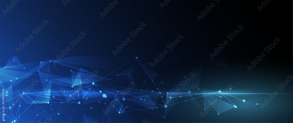 Fototapeta premium Vector molecule. Abstract internet network connection design for web site. Digital data, network communication, connected line with dot on blue background. Science and technology futuristic concept