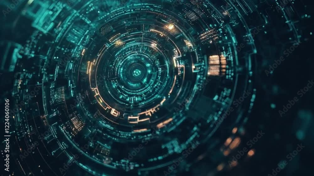 circuitos tecnológicos circulares con luces que se encienden y apagan, color verde zoom movimiento cinematográfico en cámara lenta