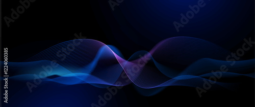 Vector Abstract flowing wave line, particle dot pattern, neon light on dark blue gradient background. Modern futuristic design, particles wave data for background. Cyberspace technology concept