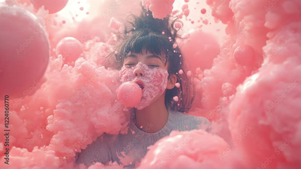 Nube espumosa color rosa sobre fondo celeste, crece y se expande develando a una mujer entre burbujas, movimiento cinematográfico en cámara lenta. 