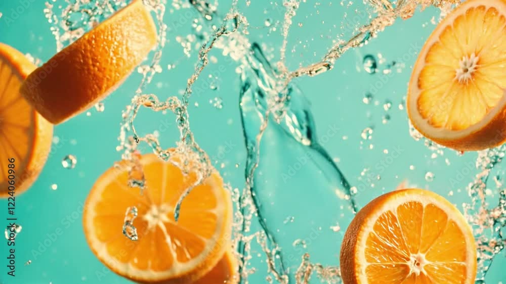 Rodajas de naranja cayendo al agua con burbujas de limonada en un fondo color turquesa, celeste, cámara cinematográfica lenta
