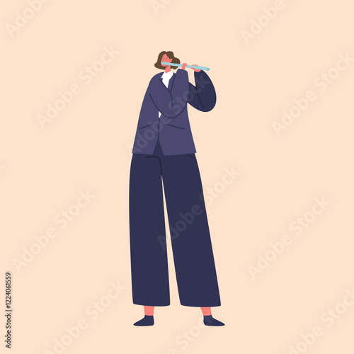 Skilled Classical Musician Female Character Playing The Flute On A Captivating Stage, Mesmerizing The Audience
