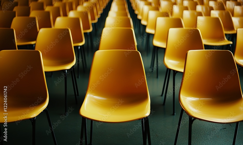Fototapeta premium Empty yellow chairs in rows, indoor venue, event preparation, waiting area