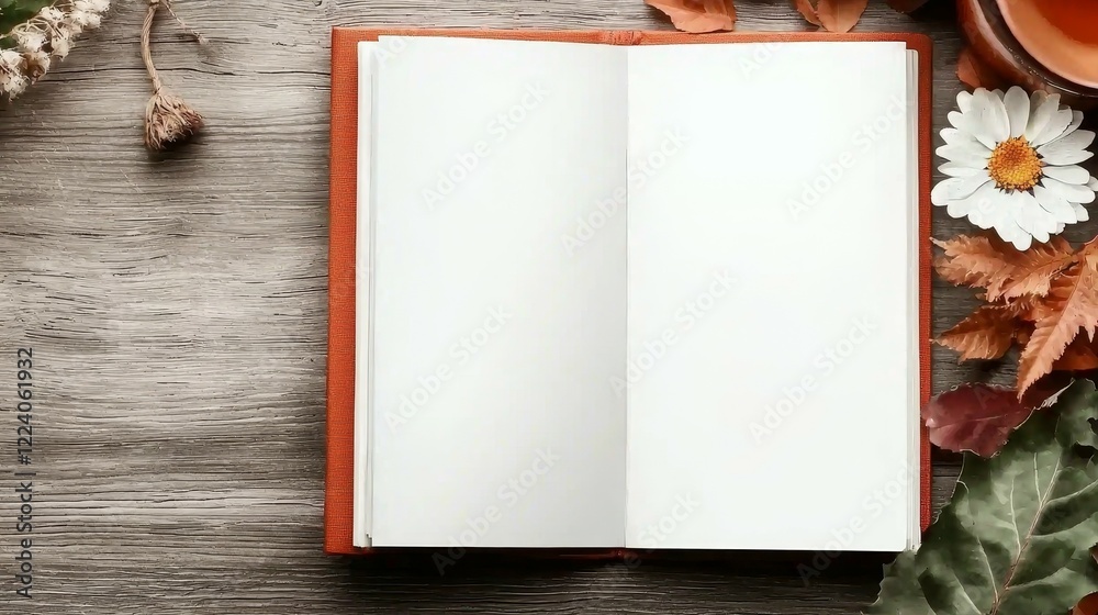 memo and journal concept. Blank open book on a rustic wooden surface with autumn leaves and a flower. memo and journal concept. Blank open book on a rustic wooden surface with autumn leaves and a flower.