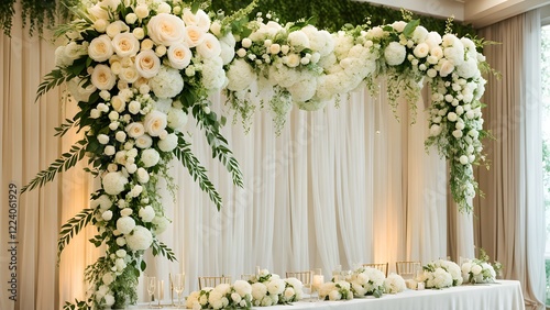 Elegant wedding sweetheart table setup with cascading white floral arrangements and sheer fabric backdrop.
