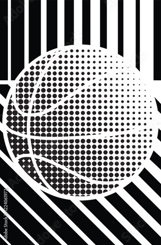 Half tone basketball decal with faded line backdrop. Minimal monochrome sports vector illustration.