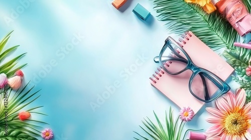 memo and  journal concept. Colorful workspace scene with stationery, flowers, and greenery on a blue background.