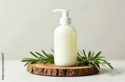 A pump bottle of hand cream on a wooden board, surrounded by sprigs of rosemary and thyme, in a minimalist style with a clean background. Product photography with high resolution, studio lighting,