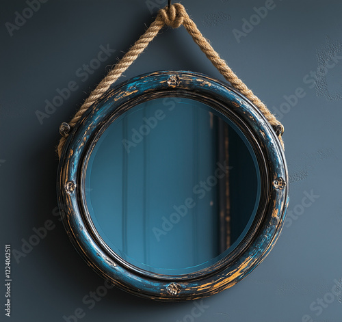  A collection of round vintage mirrors with rustic rope hanging on walls, featuring reflective blue-tinted glass. An elegant home decor piece for a minimalist or antique aesthetic.