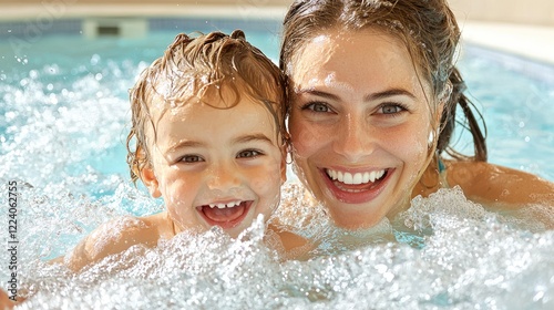 Obraz na płótnie Happy mother and child enjoy a spa hot tub. Relaxation, family fun, water therapy. Lifestyle imagery w salonie