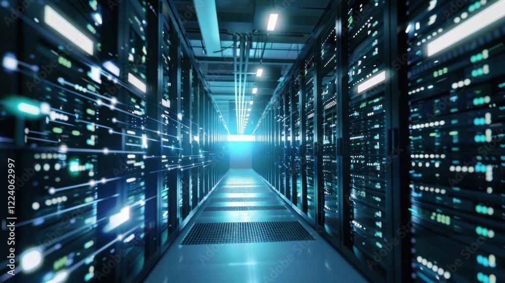Data center server room; glowing network, technology Data center server room; glowing network, technology