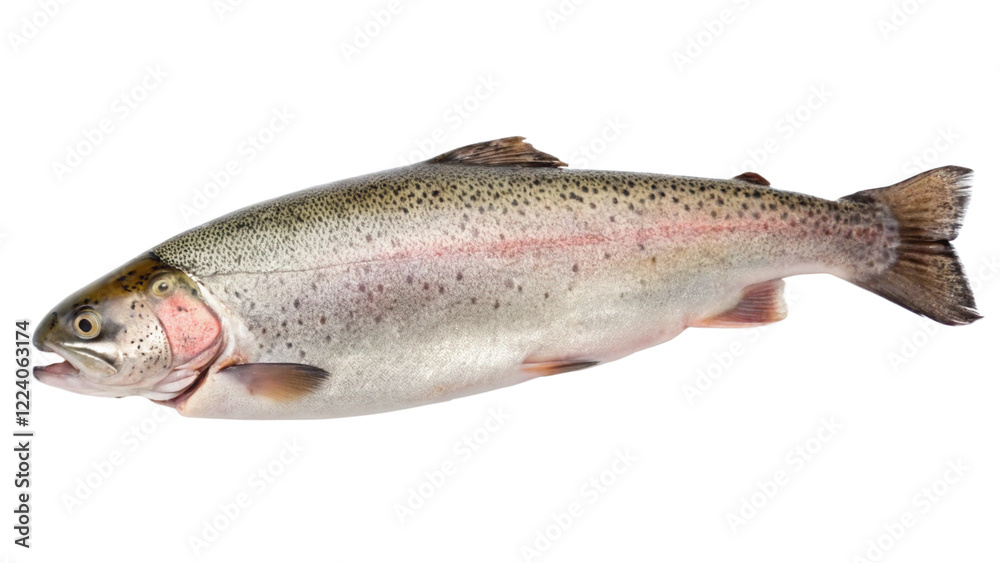 Rainbow Trout: A fresh, whole rainbow trout with distinctive rainbow-colored markings and vibrant colors. A perfect image for culinary recipes, seafood illustrations, or healthy food campaigns. Rainbow Trout: A fresh, whole rainbow trout with distinctive rainbow-colored markings and vibrant colors. A perfect image for culinary recipes, seafood illustrations, or healthy food campaigns.