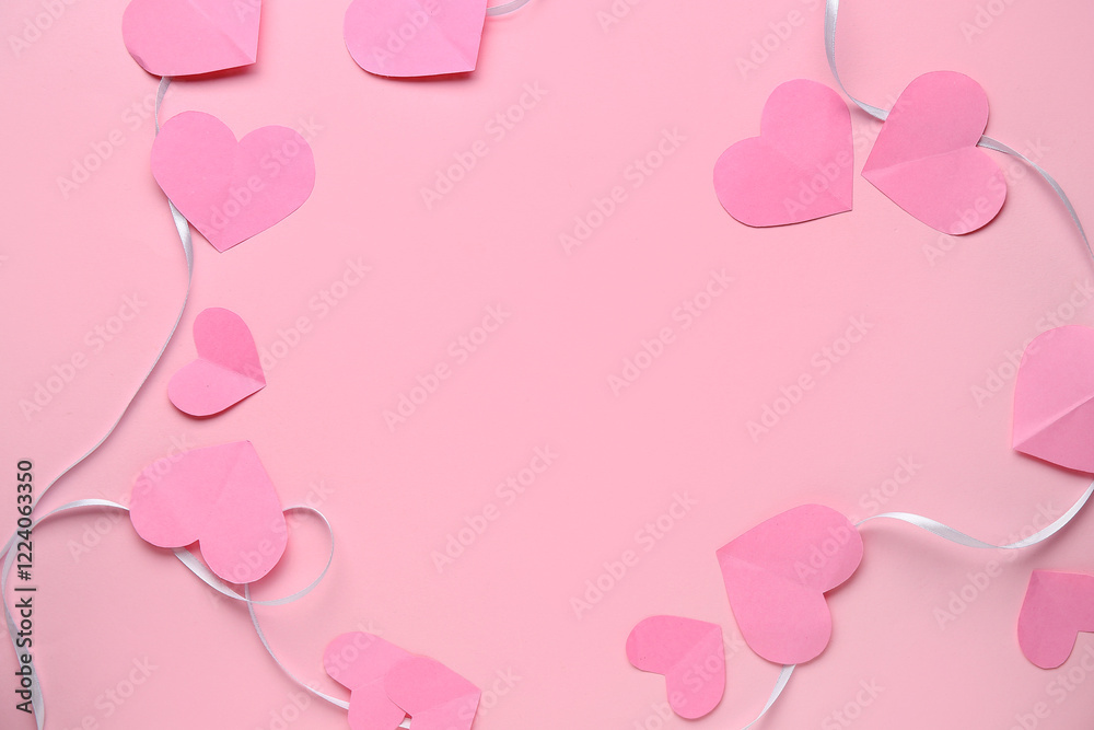 Frame made of ribbon with paper hearts on pink background. Valentine's Day celebration Frame made of ribbon with paper hearts on pink background. Valentine's Day celebration