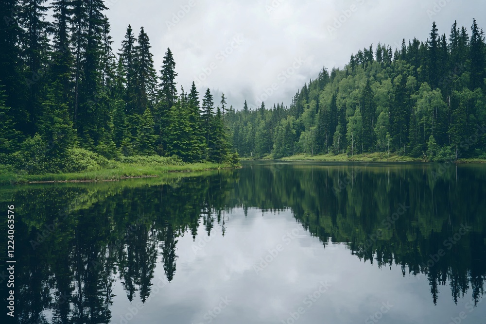 Tranquil forest lake reflecting lush greenery under a cloudy sky, ideal for nature-themed projects Tranquil forest lake reflecting lush greenery under a cloudy sky, ideal for nature-themed projects