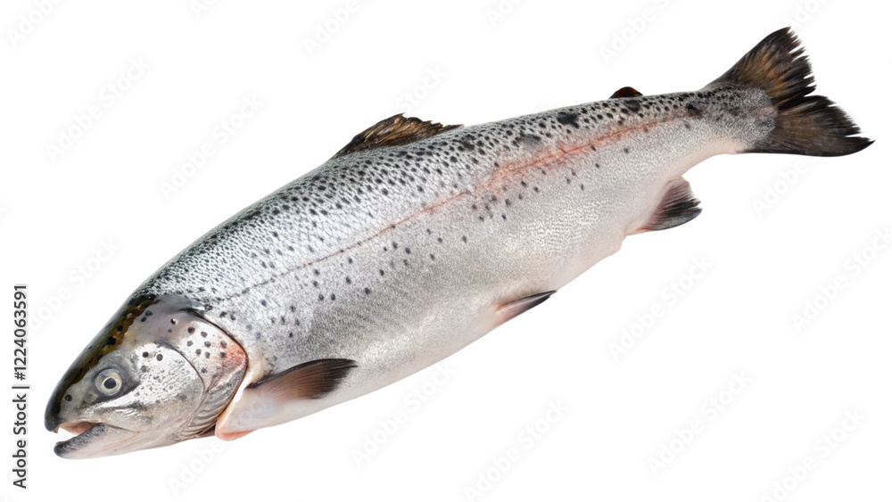 Naklejka premium Fresh Rainbow Trout: A whole, vibrant rainbow trout, glistening with freshness, is presented against a clean background, showcasing its beautiful silver scales and distinctive pink stripe.
