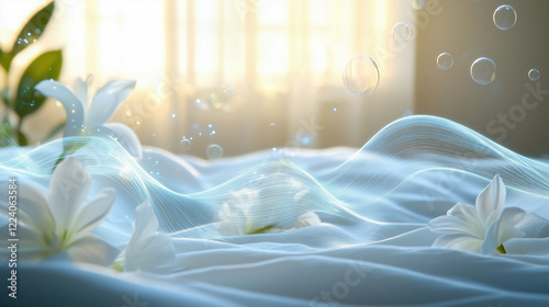 Minimalist Bedroom Scene with Bedsheet and Subtle Linen Fragrance Waves, Generative AI