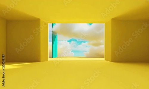 3d render, abstract minimal yellow background with white clouds flying out the tunnel