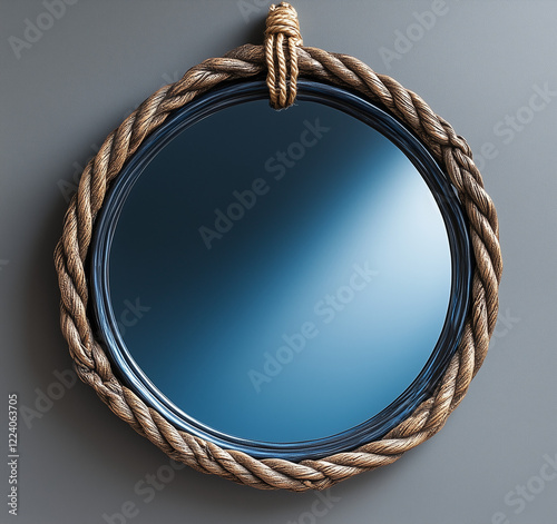  A collection of round vintage mirrors with rustic rope hanging on walls, featuring reflective blue-tinted glass. An elegant home decor piece for a minimalist or antique aesthetic.