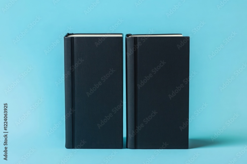 shot of two black books with plain covers, standing upright on a light blue background