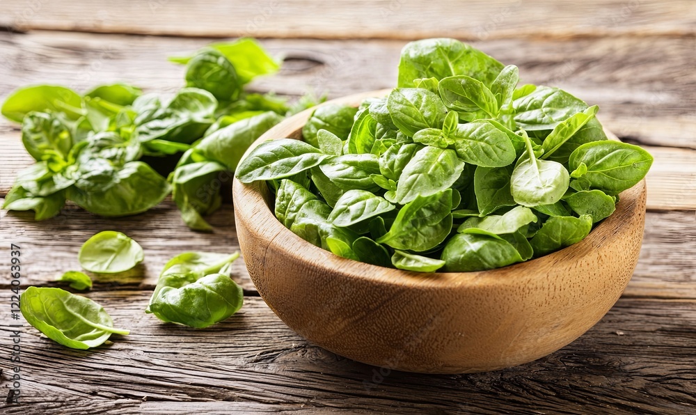 Fresh basil leaves in wooden bowl on rustic table, ready for cooking Fresh basil leaves in wooden bowl on rustic table, ready for cooking