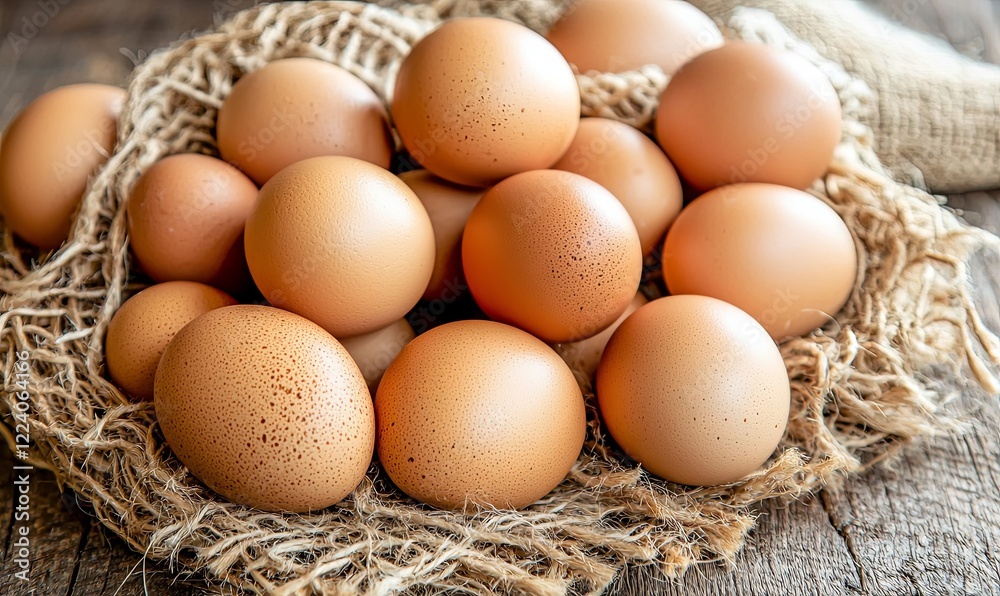Fresh brown eggs nestled in burlap on rustic wooden table