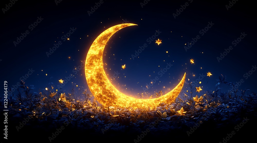 Glowing Crescent Moon Above Nighttime Floral Field Glowing Crescent Moon Above Nighttime Floral Field