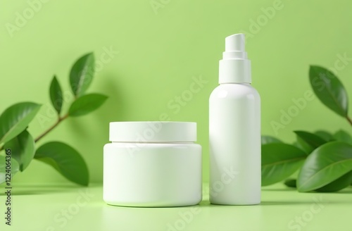 White Beauty Products Bottle Packaging Mockup. Pale green background. Blank plastic cosmetic jar, olive color backdrop. Cosmetics cream tube. Skin care product . Mock up. Skincare, spa. Plant leaves 
