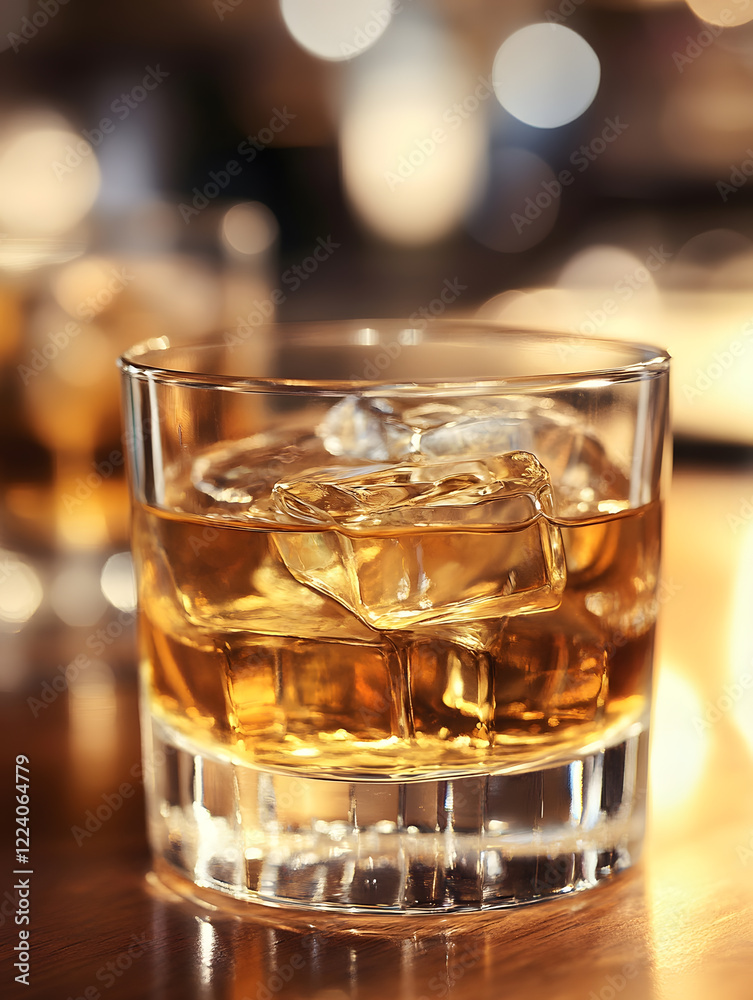 Elegant Glass of Whiskey with Ice on Wooden Table for a Relaxing Evening Experience : Generative AI Elegant Glass of Whiskey with Ice on Wooden Table for a Relaxing Evening Experience : Generative AI