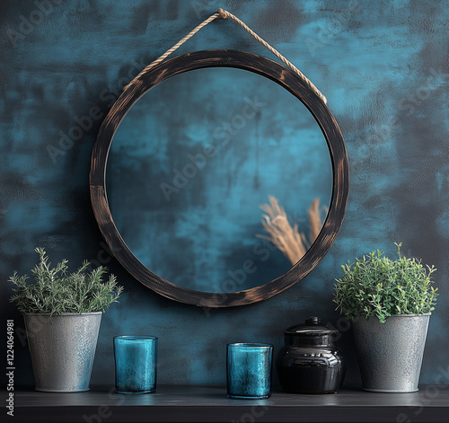  A collection of round vintage mirrors with rustic rope hanging on walls, featuring reflective blue-tinted glass. An elegant home decor piece for a minimalist or antique aesthetic.